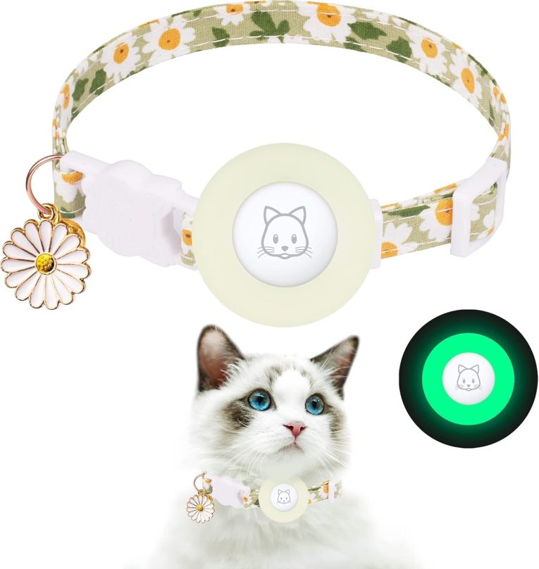 طوق للقطط اير تاغ من اكس سبرينج، طوق قابل للتعديل مع حلية على شكل زهور، طوق مريح لتتبع الحيوانات الاليفة للقطط في الاماكن المغلقة والمفتوحة، تصميم نايلون خفيف الوزن