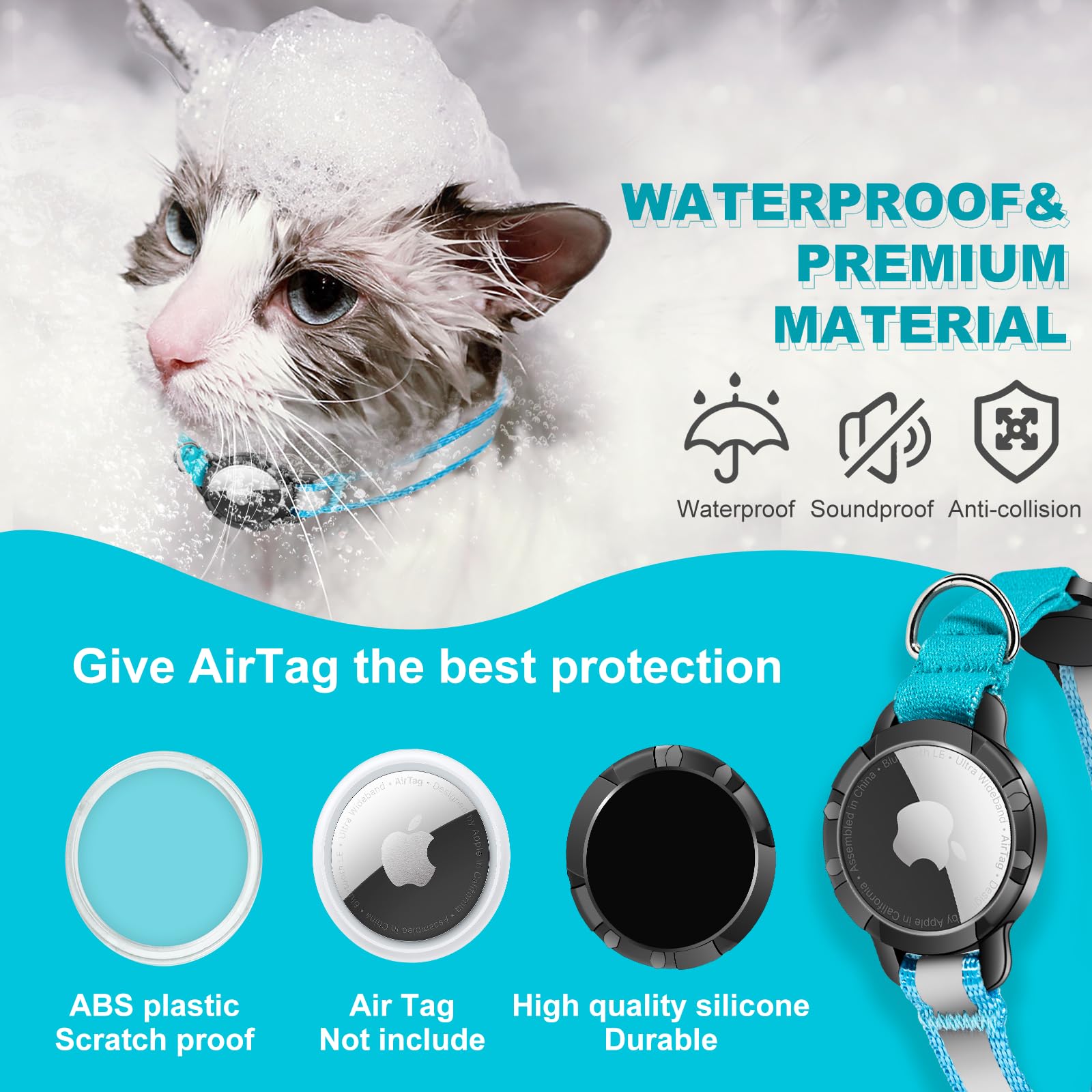 طوق للقطط - طوق عاكس للهواء للقطط مع جرس، طوق دوميفي للقطط مع حامل ايرتاج مقاوم للماء (ازرق S)