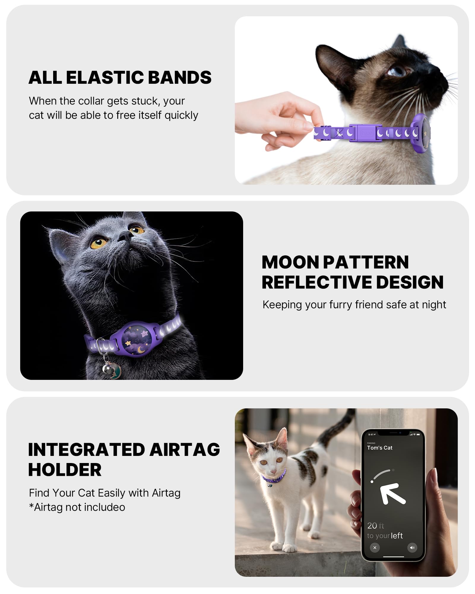 طوق للقطط مع حامل ايرتاج، طوق قابل للفصل لجهاز ابل اير تاج بنمط مضيء وعاكس، اطواق تتبع القطط مقاومة للماء بنظام تحديد المواقع GPS للاولاد والبنات والقطط الصغيرة مع جرس، ارجواني (6-12 انش)