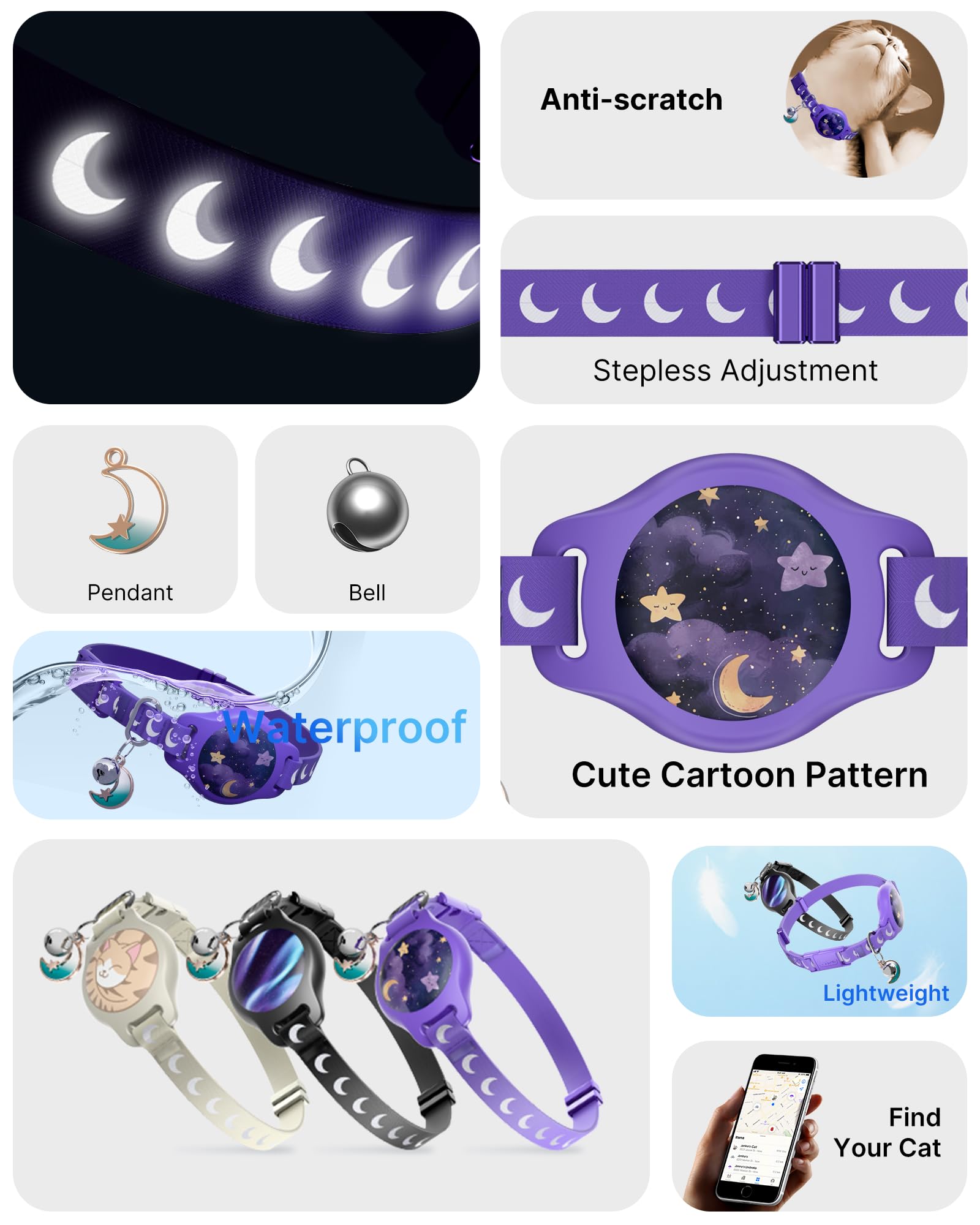 طوق للقطط مع حامل ايرتاج، طوق قابل للفصل لجهاز ابل اير تاج بنمط مضيء وعاكس، اطواق تتبع القطط مقاومة للماء بنظام تحديد المواقع GPS للاولاد والبنات والقطط الصغيرة مع جرس، ارجواني (6-12 انش)