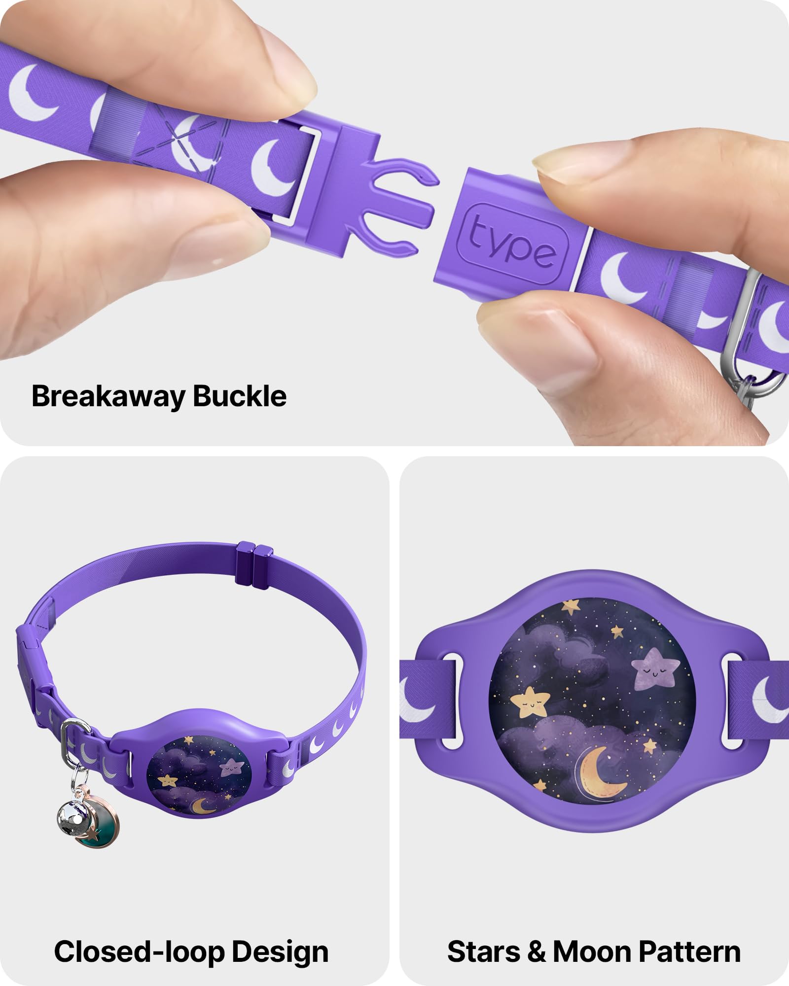 طوق للقطط مع حامل ايرتاج، طوق قابل للفصل لجهاز ابل اير تاج بنمط مضيء وعاكس، اطواق تتبع القطط مقاومة للماء بنظام تحديد المواقع GPS للاولاد والبنات والقطط الصغيرة مع جرس، ارجواني (6-12 انش)