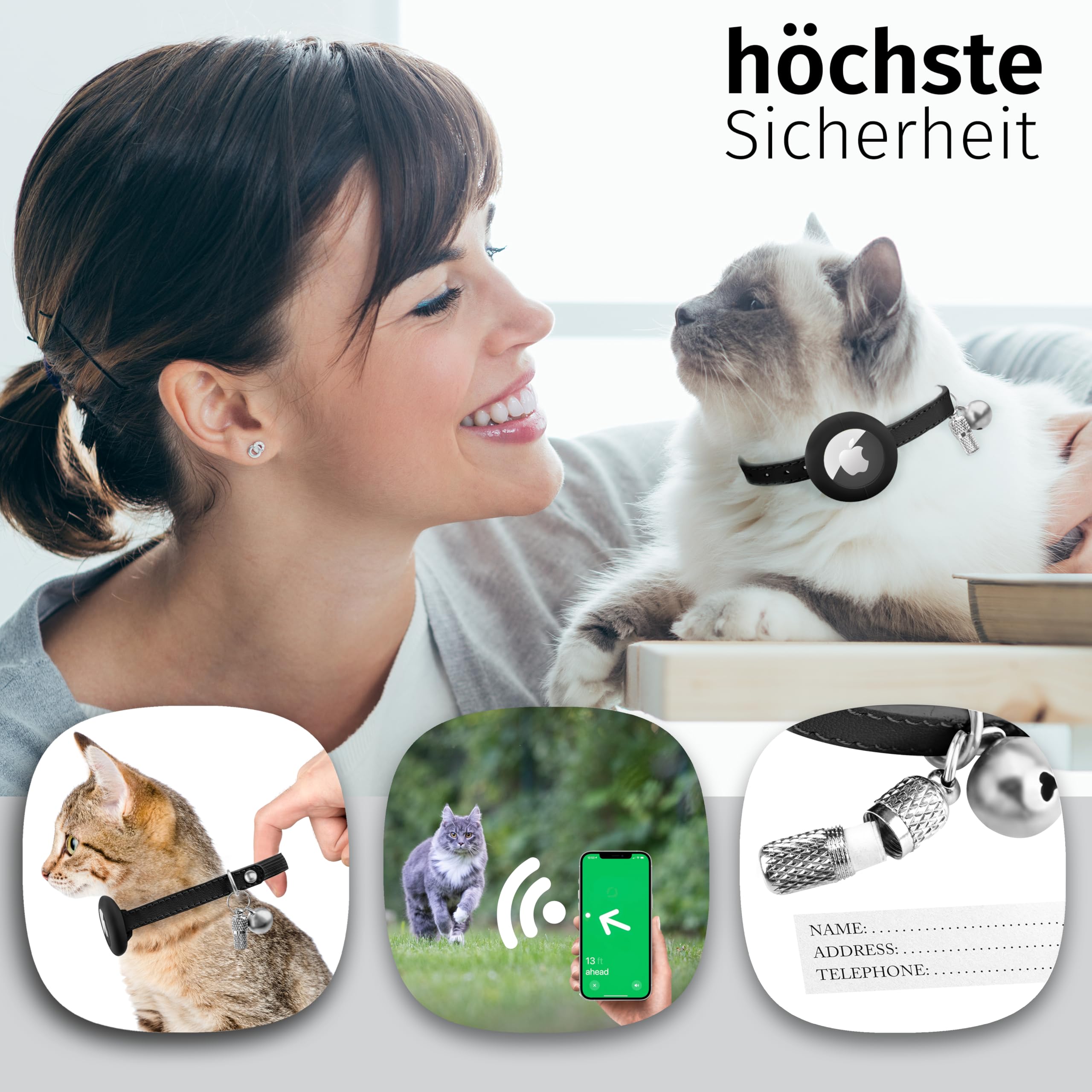 طوق للقطط مع شريط مطاطي من ابل اير تاج، طوق للقطط من الجلد امن مع اسم، جرس. طوق للقطط بنظام تحديد المواقع GPS مع جهاز تتبع GPS بدون اشتراك 21Sch