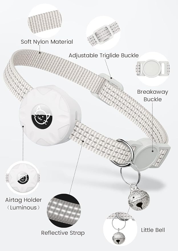 طوق للقطط من ايرتاج، مزود بثلاثة اشرطة عاكسة للضوء لتتبع القطط الصغيرة والجراء (ابيض)