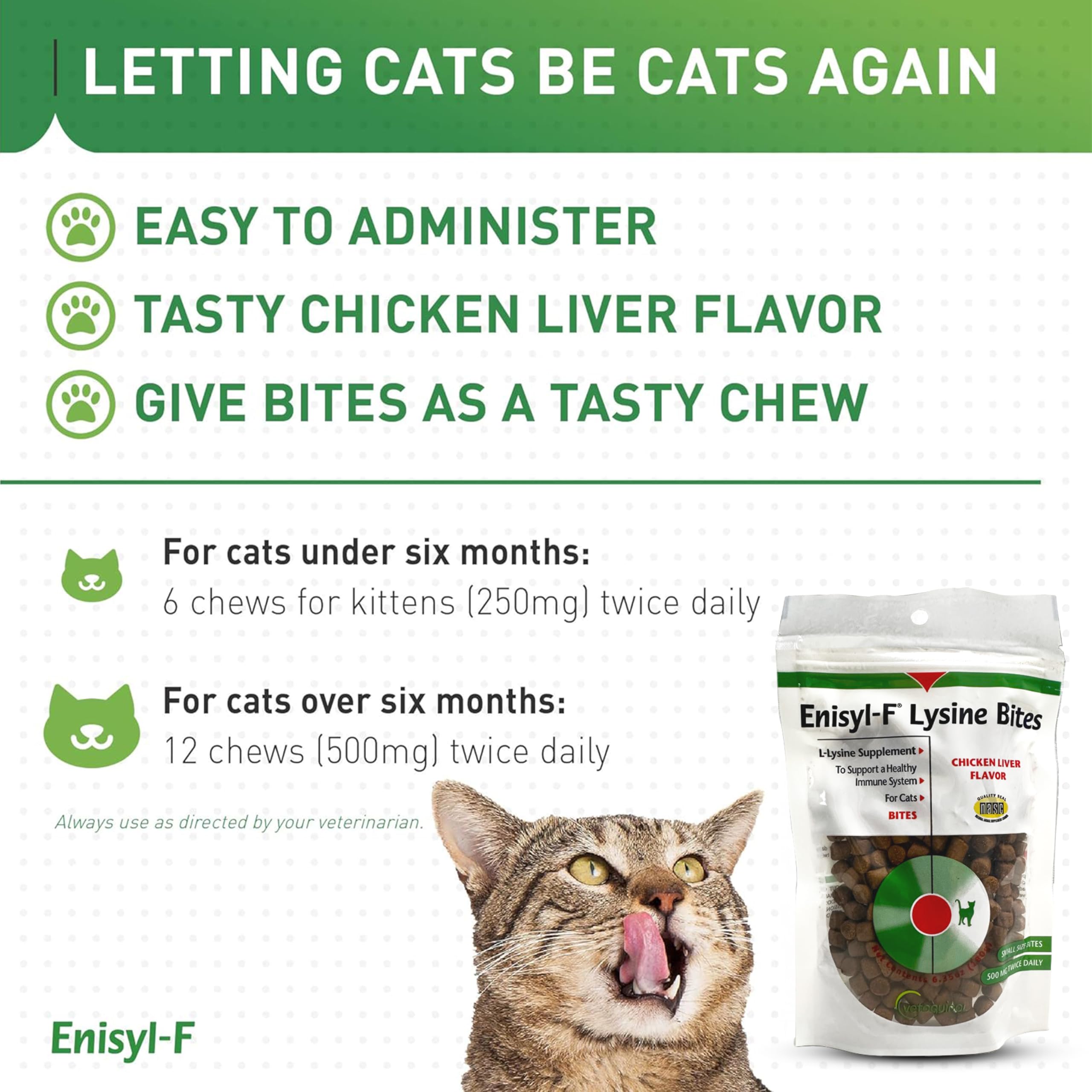 فيتوكوينول لدغات ليسين من انيسيل-اف: مضغ ال ليسين للقطط والقطط الصغيرة - نكهة كبد الدجاج، 6.4 اونصة (180 غرام) كيس قابل لاعادة الاغلاق