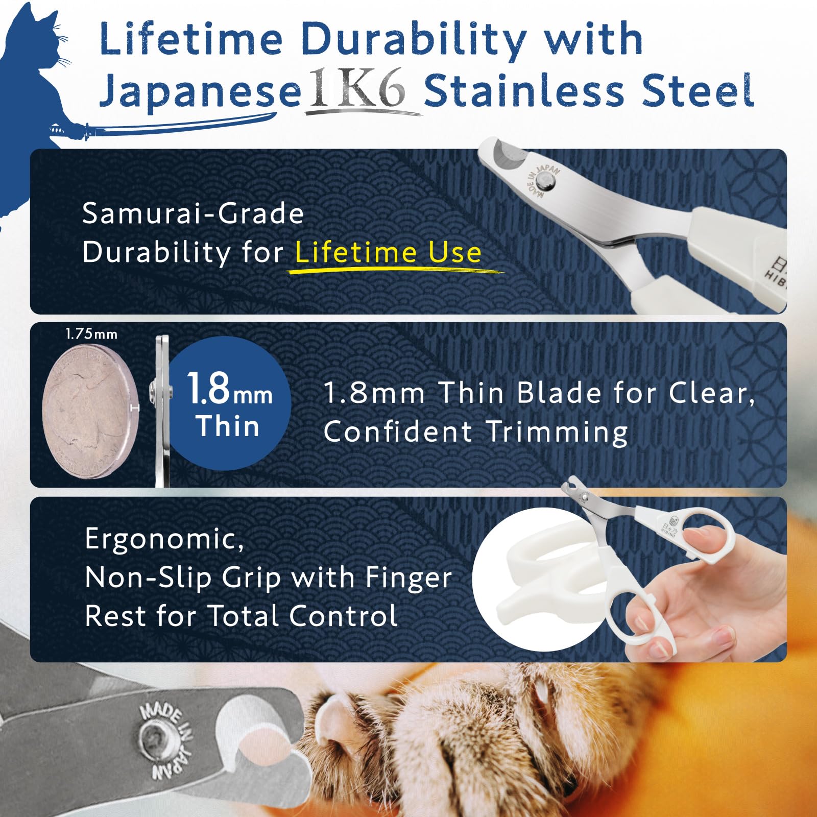 قصافة اظافر للقطط من هيبينو من الدرجة الساموراي - يوصى بها الطبيب البيطري، حادة وأكثر هدوءا وامانًا| شفرة مصممة بدقة | قبضة مريحة غير قابلة للانزلاق للعناية بدون إجهاد | متانة مدى الحياة | صنع في