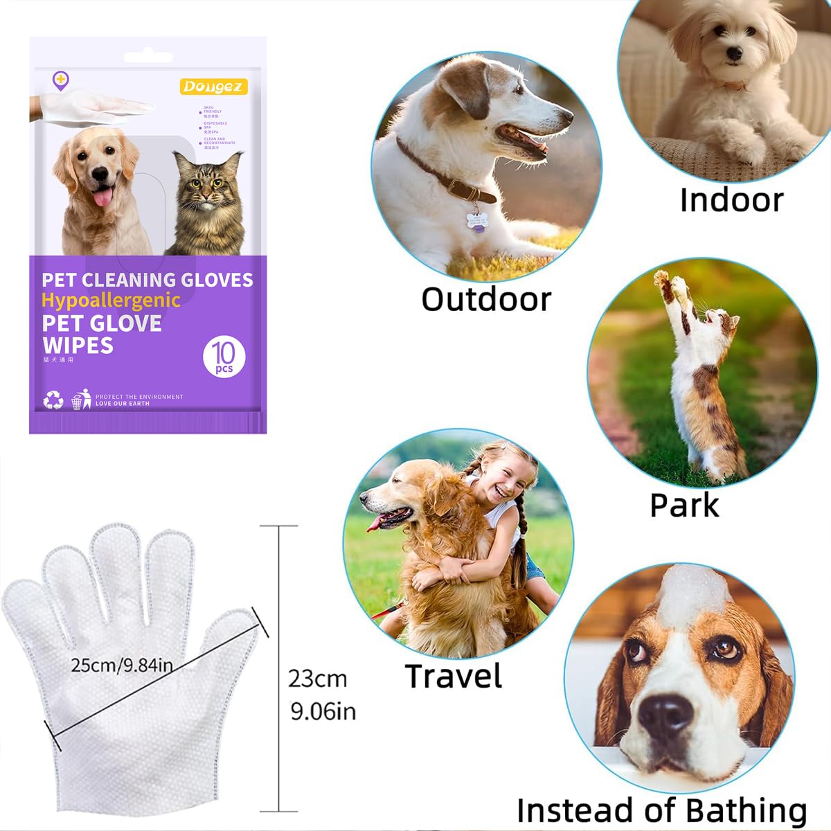 قفازات ومناديل مبللة لتنظيف الحيوانات الأليفة من HSYDIY، مناديل مبللة للقطط والكلاب، للعناية بالحيوانات الأليفة وإزالة الملوثات وتطهيرها وإزالة الروائح الكريهة، عبوة واحدة (10 قطع)، من هسيدي
