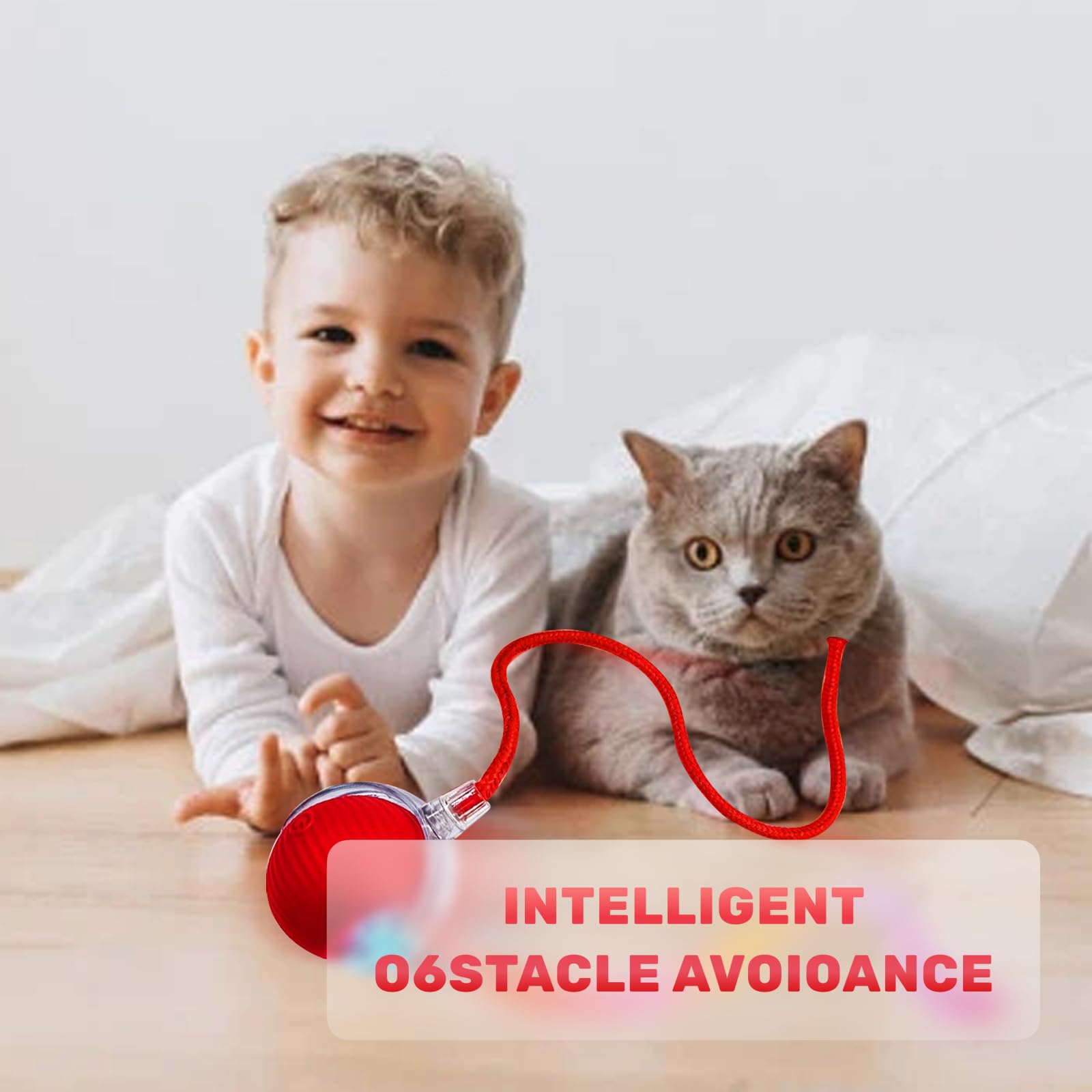 كرة تفاعلية للقطط، لعبة كهربائية دوارة للقطط. يمكن لهذه الكرة التحرك والارتداد تلقائيًا، مجهزة بأضواء باردة ومثيرة ذيل طويل. مصممة خصيصًا للقطط في الأماكن المغلقة. (احمر)