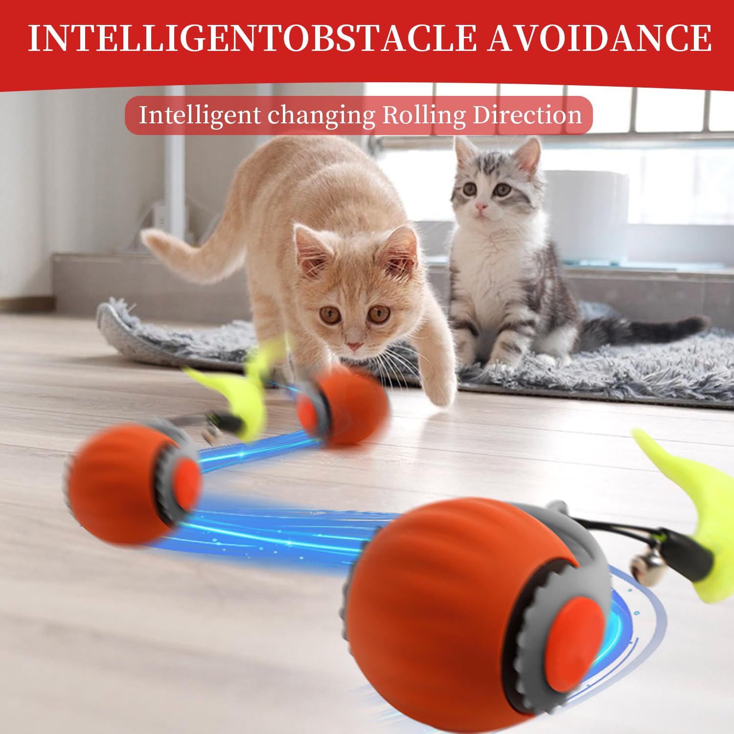 كرة لعبة تفاعلية للقطط الكهربائية، جهاز تتبع القطط المحمول التلقائي مع سحب الذيل، لعبة ذكية قابلة لاعادة الشحن لتجنب العوائق للحيوانات الاليفة في الاماكن المغلقة والمفتوحة للكلاب والقطط الكبيرة