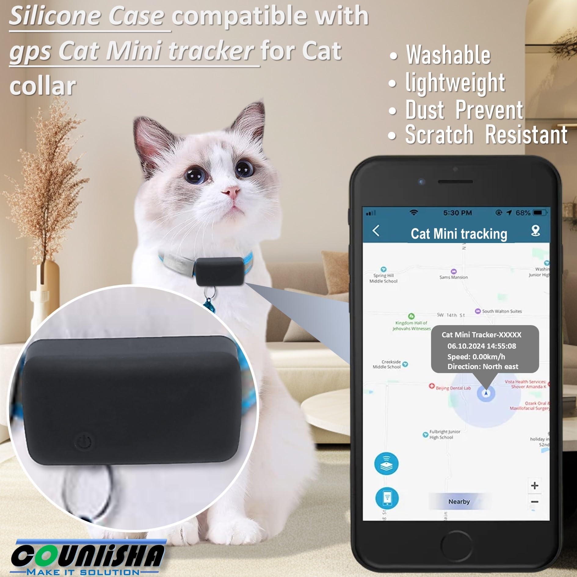 كونليشا حامل سيليكون متوافق مع جهاز التتبع الصغير تراكتيف، غطاء ملحقات مطاطي لجهاز تحديد المواقع GPS مضاد للخدش، حافظة متينة مع حزام لطوق القطط والحيوانات الاليفة (اسود)