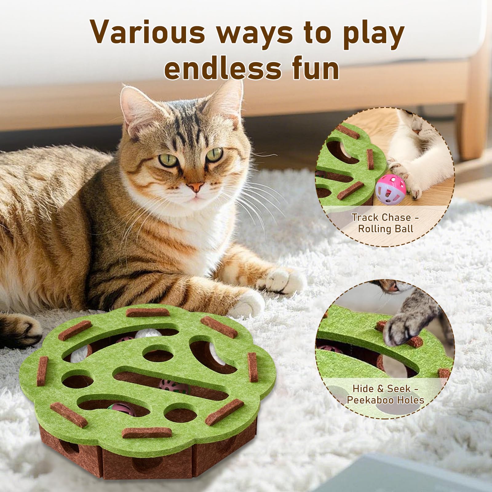 لعبة احجية للقطط، العاب تفاعلية للقطط في الاماكن المغلقة، لعبة كرة كيترن مع صندوق احجية لعبة متاهة من اللباد الناعم - ممتعة ومحفزة للقطط الداخلية - دائرية
