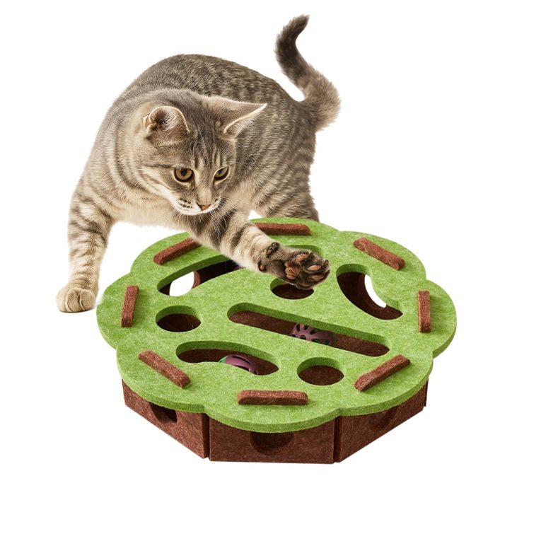 لعبة احجية للقطط، العاب تفاعلية للقطط في الاماكن المغلقة، لعبة كرة كيترن مع صندوق احجية لعبة متاهة من اللباد الناعم - ممتعة ومحفزة للقطط الداخلية - دائرية