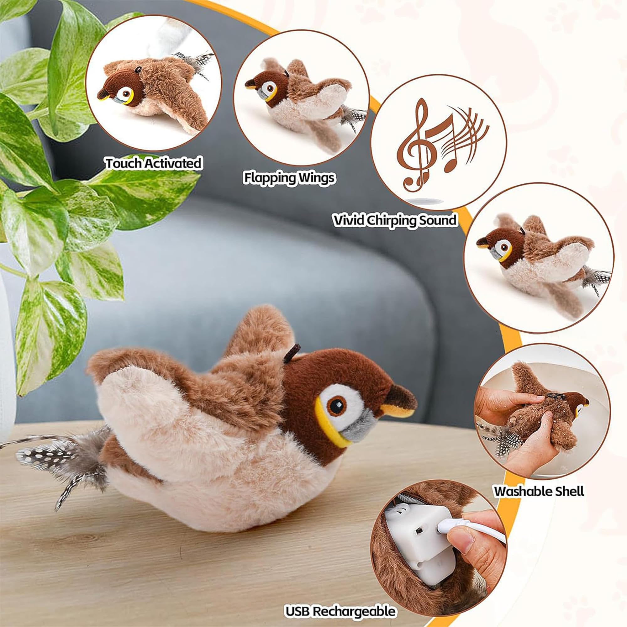 لعبة تفاعلية على شكل طائر سبارو مُحاكي يُصدر أصوات زقزقة ويُرفرف بجناحيه للقطط للاستخدام الداخلي من TSWCBYYLB