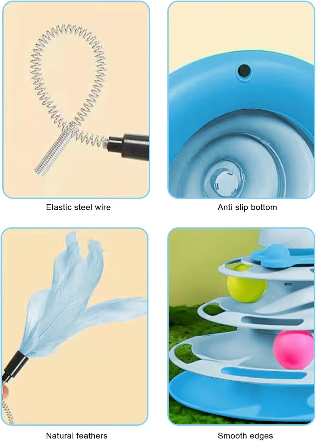 لعبة تفاعلية للقطط في الاماكن المغلقة، كرات لعبة للقطط ذات 4 مستويات مع 3 كرات ملونة، لعبة دوارة دائرية للقطط مع عصا ريش القطط، مناسبة للصيد / المطاردة (ازرق)