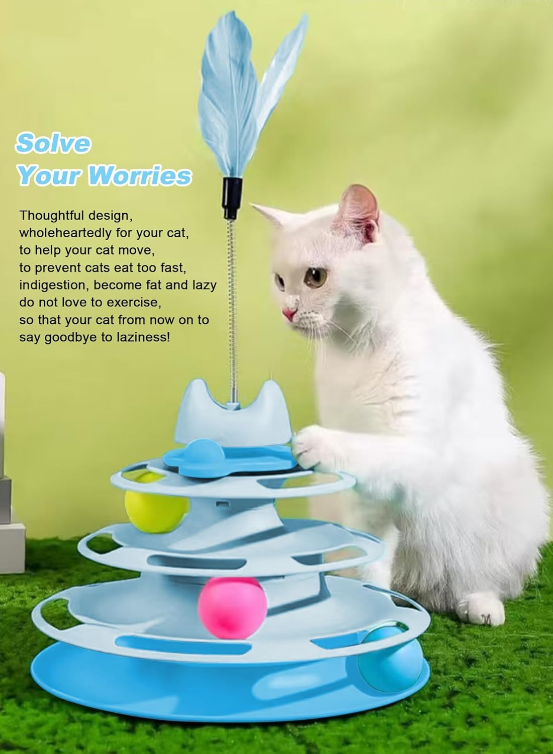 لعبة تفاعلية للقطط في الاماكن المغلقة، كرات لعبة للقطط ذات 4 مستويات مع 3 كرات ملونة، لعبة دوارة دائرية للقطط مع عصا ريش القطط، مناسبة للصيد / المطاردة (ازرق)