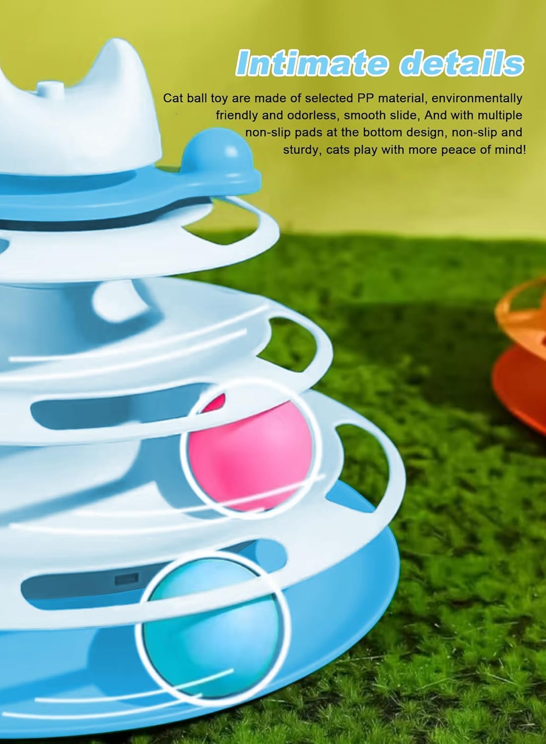 لعبة تفاعلية للقطط في الاماكن المغلقة، كرات لعبة للقطط ذات 4 مستويات مع 3 كرات ملونة، لعبة دوارة دائرية للقطط مع عصا ريش القطط، مناسبة للصيد / المطاردة (ازرق)