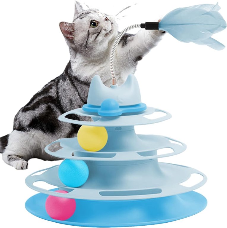 لعبة تفاعلية للقطط في الاماكن المغلقة، كرات لعبة للقطط ذات 4 مستويات مع 3 كرات ملونة، لعبة دوارة دائرية للقطط مع عصا ريش القطط، مناسبة للصيد / المطاردة (ازرق)