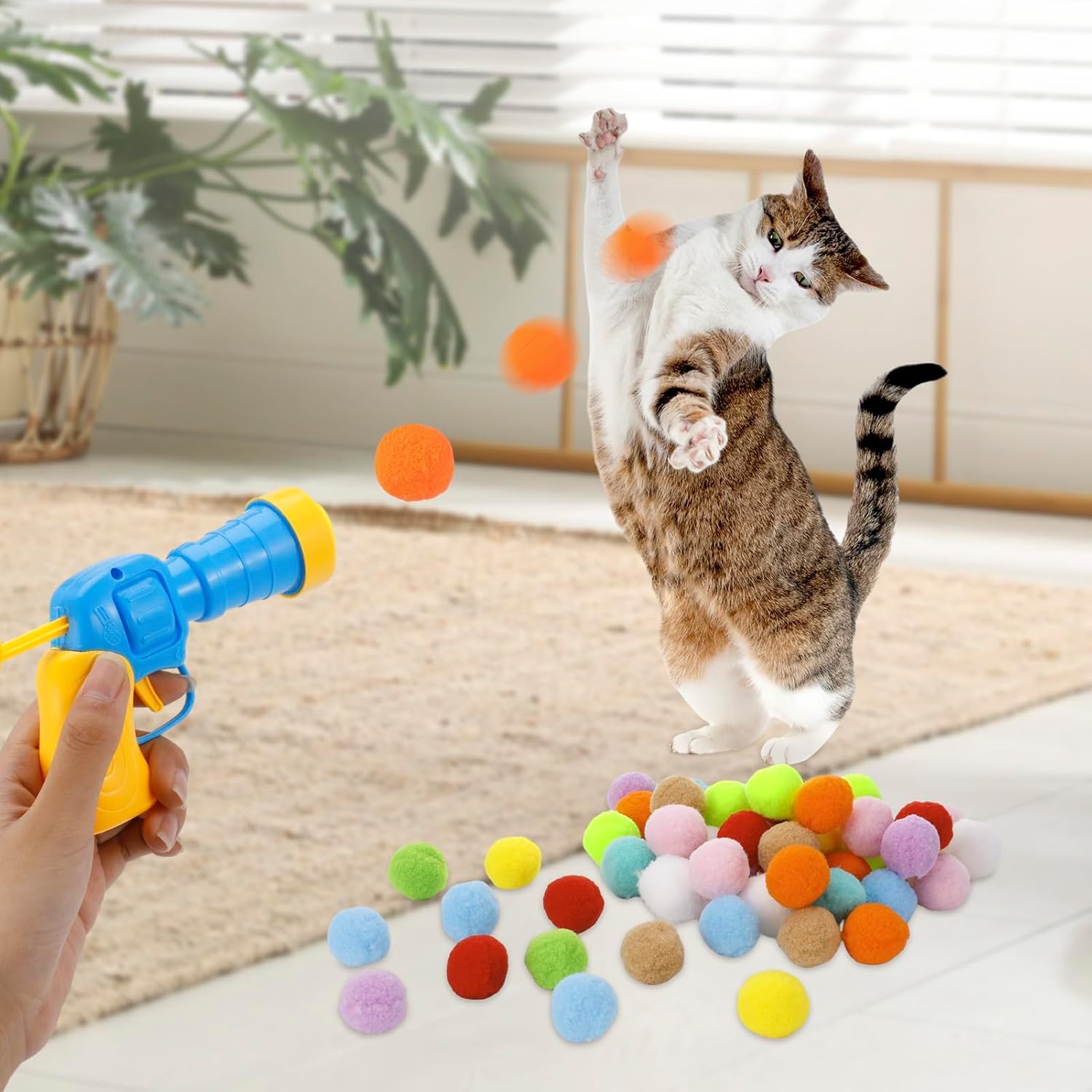 لعبة قاذف كرات تفاعلية للقطط من جومايراي، 50 كرة بوم بوم ناعمة، لعبة تدريب وتمرين داخلية، لعبة مطاردة الحيوانات الاليفة