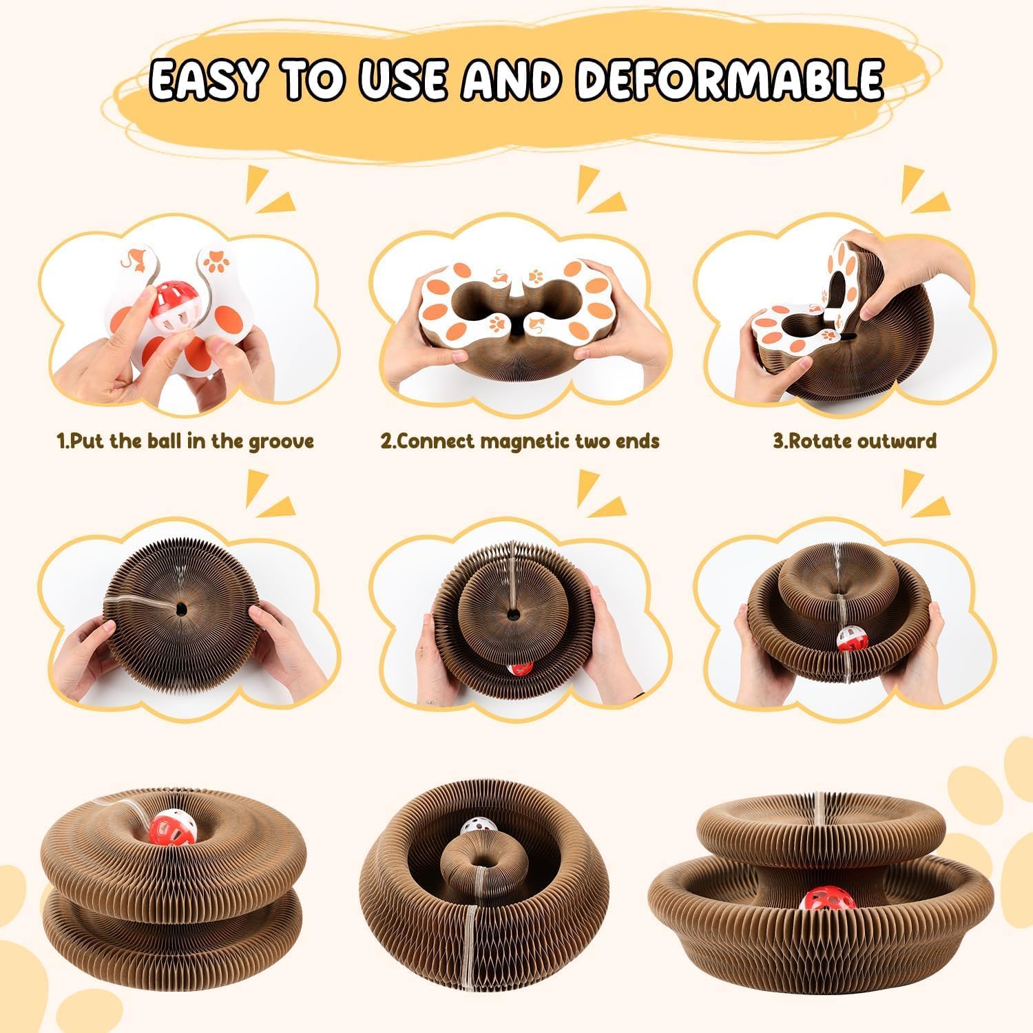 لعبة قطة بوم كيتي كورلز من بووم، لوح خدش للقطط السحرية، لعبة اكورديون للقطط قابلة للطي، لوح خدش سحري للقطط مع وسادة خدش تفاعلية مع كرة، أداة خدش للقطط للتمرين في الأماكن المغلقة