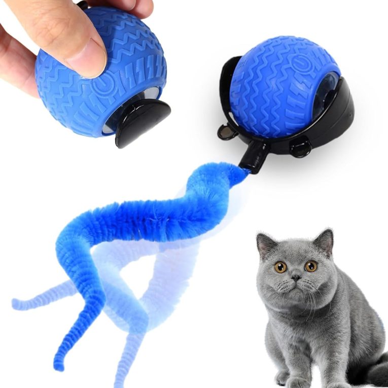 لعبة كرة تفاعلية للقطط والكلاب، كرة متحركة اوتوماتيكية جديدة 2025 للقطط والكلاب، لعبة ذكية ذاتية التدحرج، كرة تفاعلية مع ذيل (ازرق)