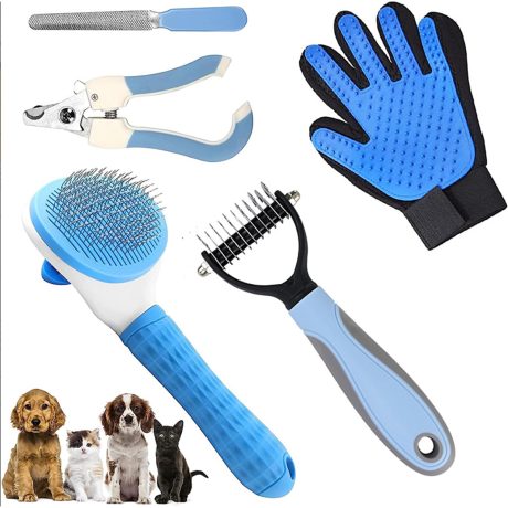 لينجي مجموعة العناية بالكلاب، مشط خاص للقطط والكلاب، اداة ازالة الشعر، فرشاة شعر القطط، مقص اظافر القطط، مع مبرد للاظافر، مشط عقدة، قفازات الاستحمام، مجموعة تجميل 5 في 1 مناسبة للقطط والكلاب (ازرق)