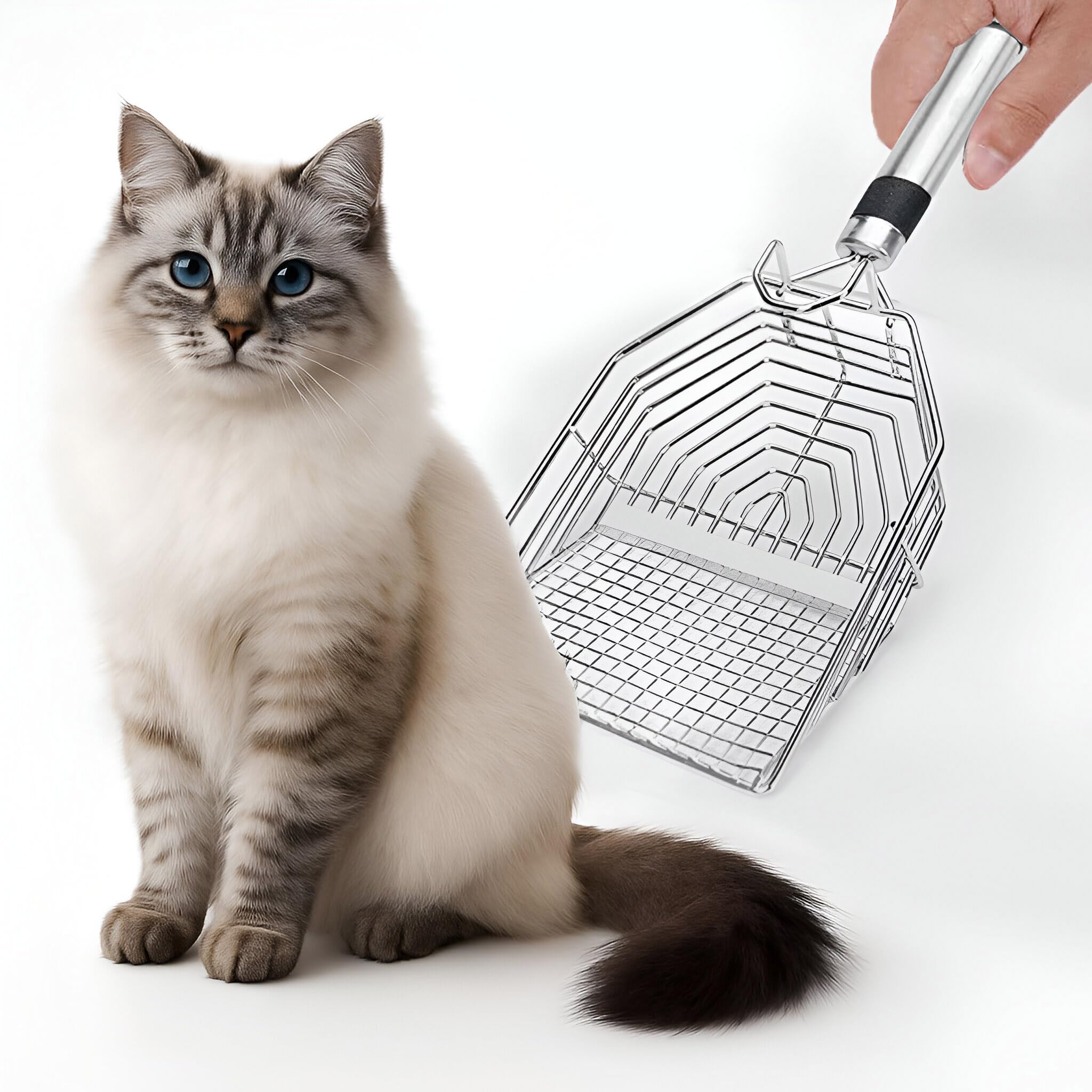 مجرفة فضلات قطط متينة ومقاومة للصدأ من المعدن، ذات فتحات دقيقة ومقبض مريح لرفع فضلات القطط الصغيرة، ومناسبة لجميع أنواع صناديق الفضلات
