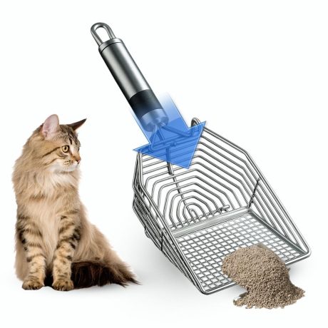 مجرفة فضلات قطط متينة ومقاومة للصدأ من المعدن، ذات فتحات دقيقة ومقبض مريح لرفع فضلات القطط الصغيرة، ومناسبة لجميع أنواع صناديق الفضلات