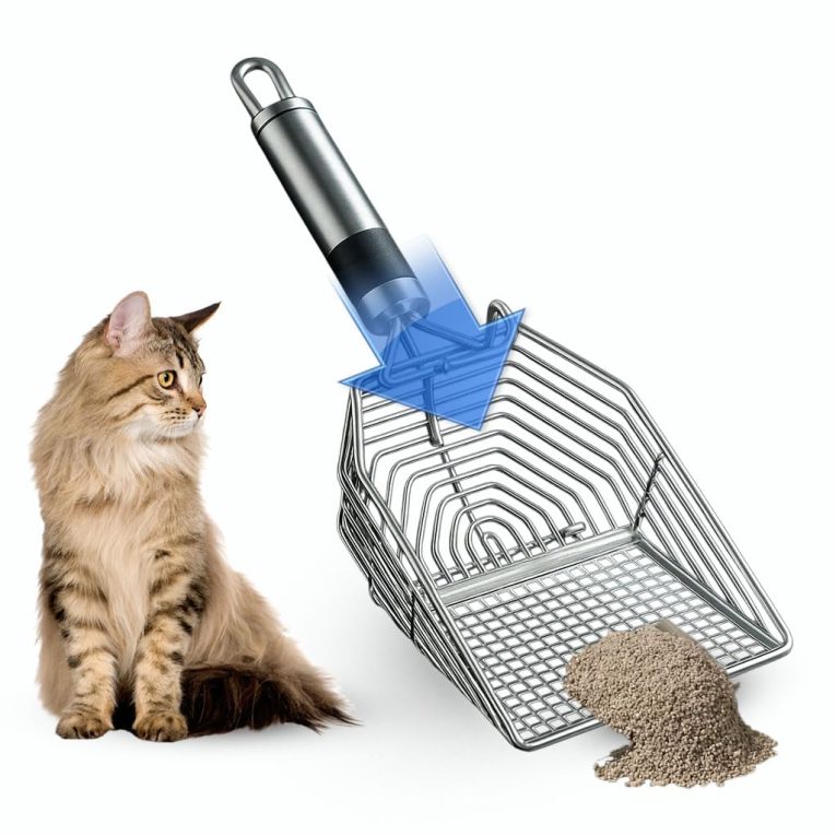 مجرفة فضلات قطط متينة ومقاومة للصدأ من المعدن، ذات فتحات دقيقة ومقبض مريح لرفع فضلات القطط الصغيرة، ومناسبة لجميع أنواع صناديق الفضلات