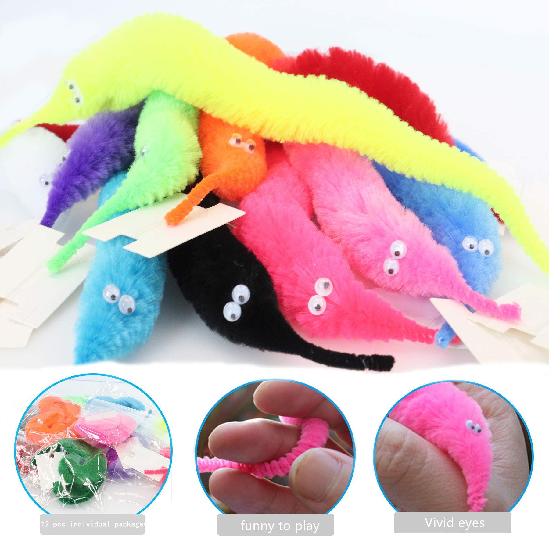 مجموعة ألعاب الدودة السحرية للقطط من 12 قطعة على شكل ديدان مخملية ملونة متموجة مع خيط غير مرئي، هدايا حفلات للأطفال والقطط (ألوان متعددة متطابقة بشكل عشوائي)