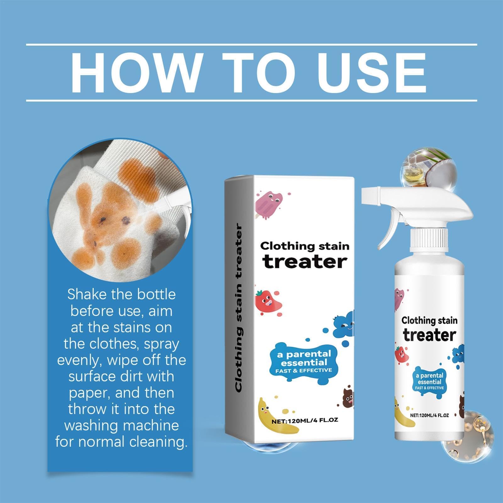 مزيل بقع الشحوم للملابس من ازوني 120 مل زيت القماش المحمول منظف بحجم مناسب للسفر مثالي والملابس الداخلية والسجاد والبياضات وبقع الاطفال