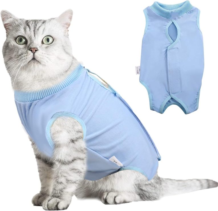 ملابس خصية للقطط مضادة للعق، بدلة تعافي احترافية للقطط من جروح البطن او الامراض الجلدية، ازرق