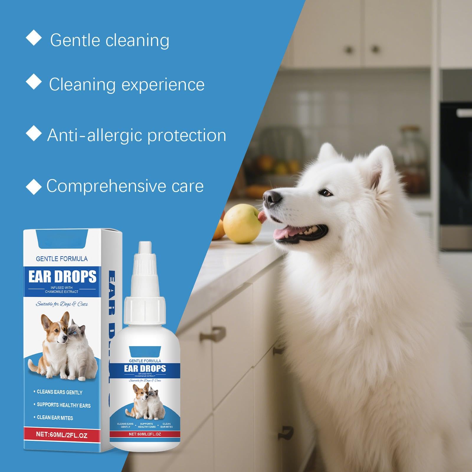 منظف اذن للكلاب والقطط يوصي به الطبيب البيطري، قطرات علاج عدوى اذن الكلاب لتهدئة الحكة والالتهابات، منظف اذني الكلاب للعناية اليومية لازالة الأوساخ وتراكم الشمع والرائحة بلطف