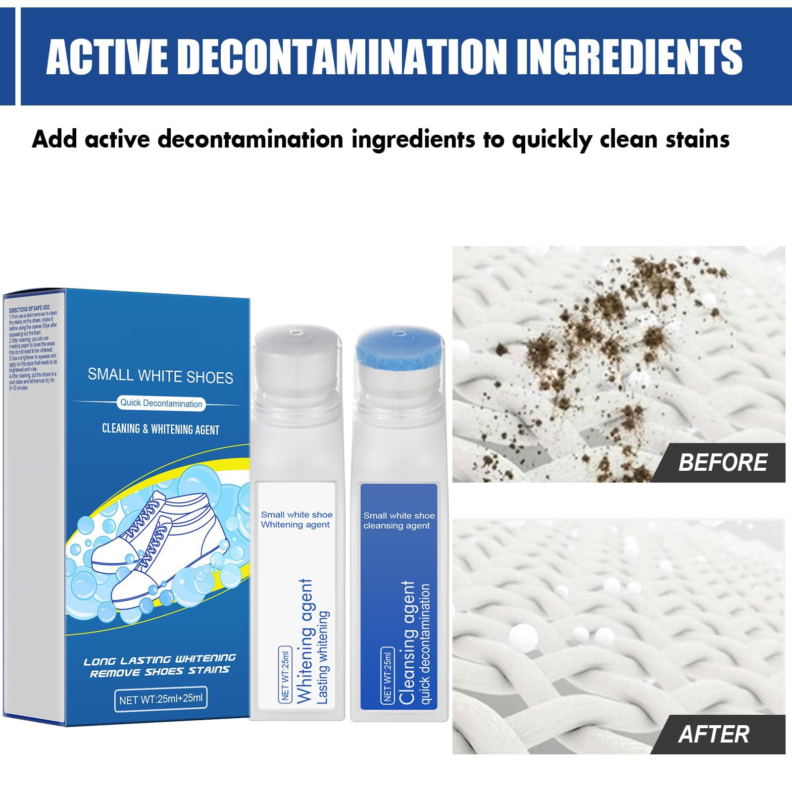 منظف الاحذية، مجموعة تنظيف الاحذية الرياضية البيضاء مع فرشاة تنظيف، يمنع الاصفرار ويستعيد سطوعه، يزيل الاوساخ والبقع (مزيل البقع 25 مل + مبيض 25 مل)