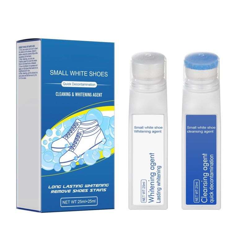 منظف الاحذية، مجموعة تنظيف الاحذية الرياضية البيضاء مع فرشاة تنظيف، يمنع الاصفرار ويستعيد سطوعه، يزيل الاوساخ والبقع (مزيل البقع 25 مل + مبيض 25 مل)