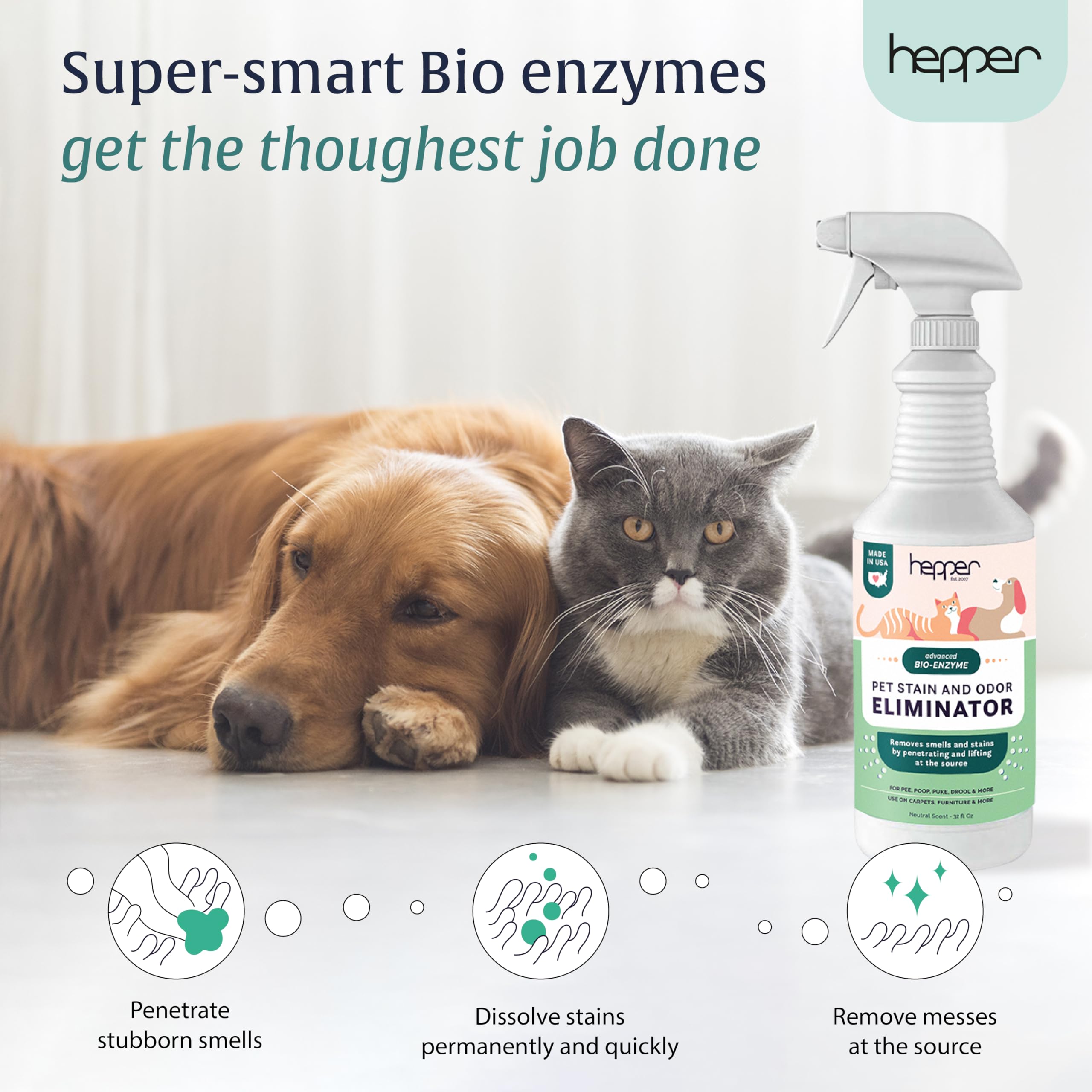 هيبر بخاخ مزيل للبقع والروائح الكريهة للحيوانات الاليفة من ادفانسد بيو-انزيم - مزيل للرائحة والبقع والبول للقطط والكلاب والحيوانات الاخرى - بخاخ امن للاستخدام في المنزل - 32 اونصة - محايد