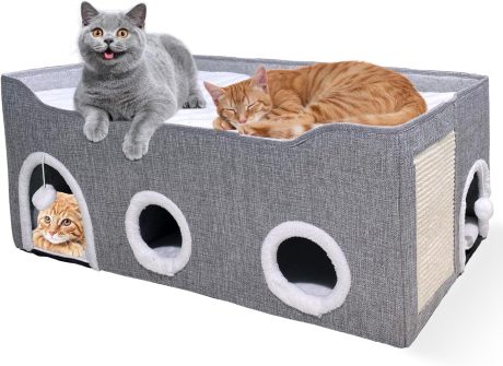 Large Cat House for Indoor Cats, Cat Cave Bed for Large Pet Cats, Foldable Cat Hideaway with Scratch Pad, Covered Cat Bed (grey, XXL)