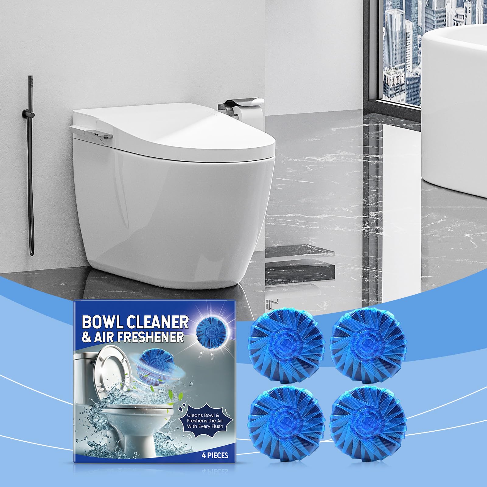 اقراص قوية لتنظيف حوض المرحاض، عبوة من 4 قطع مع مزيل للروائح الكريهة وازالة الترسبات، تركيبة تدوم طويلا للبقع الصعبة - تقنية تحرير مستدامة