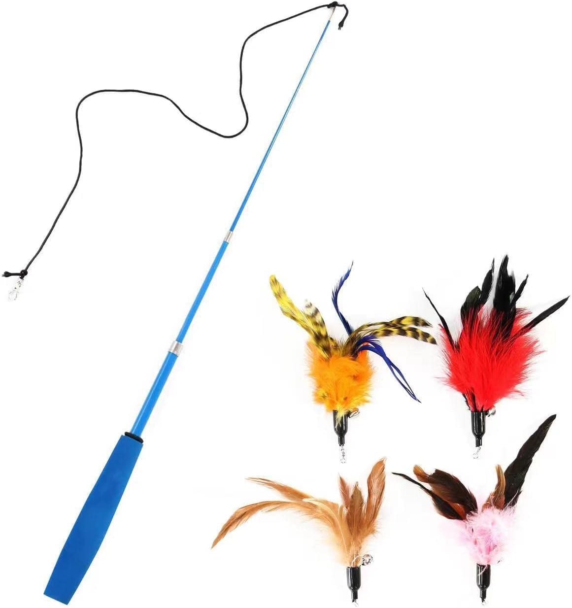 العاب القطط من بونجو، قطعتان من العاب ريشة القطط القابلة للسحب، 9 قطع بديلة قابلة لاعادة التعبئة، لعبة صنارة صيد القطط المضحكة، العاب قطط تفاعلية للمطاردة في الاماكن المغلقة