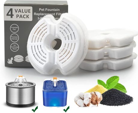 ايربي فلاتر نافورة مياه للقطط - 4 عبوات فلتر بديل متعدد الفلتر، كربون نشط من القطن لنافورة الحيوانات الاليفة الاوتوماتيكية