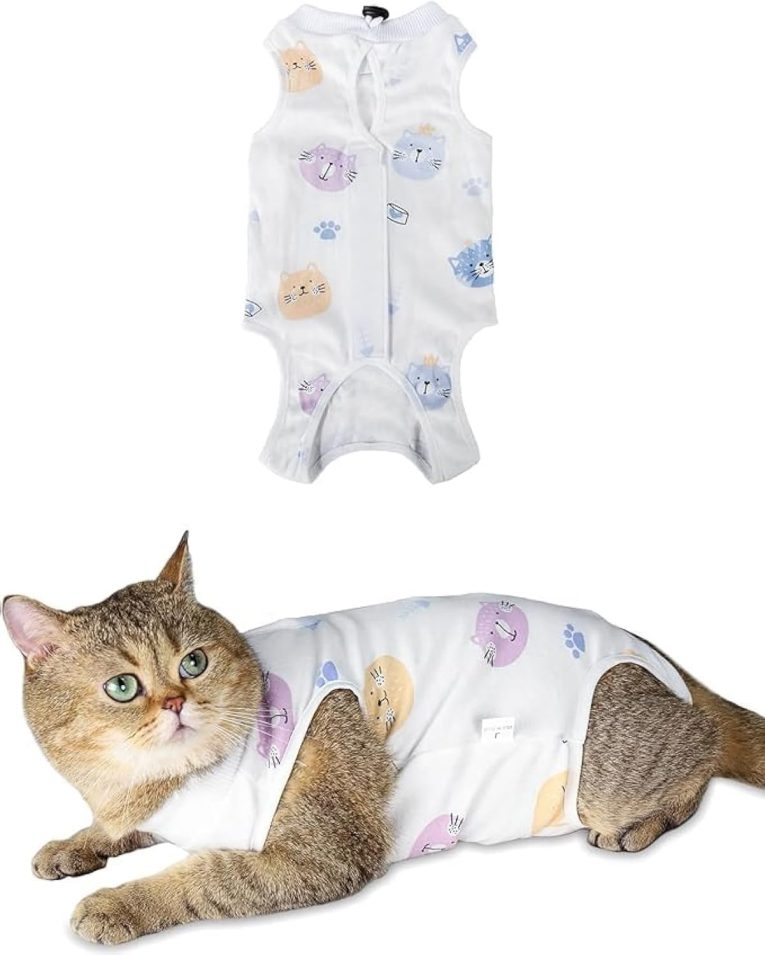 بدلة التعافي من القطط - بدلة جراحية جيدة التهوية للنساء، قطعة واحدة للقطط بعد الجراحة، بدلة التعافي من جروح البطن للنساء - للقطط الصغيرة، مضادة للعق، مضادة للتساقط (مقاس S)
