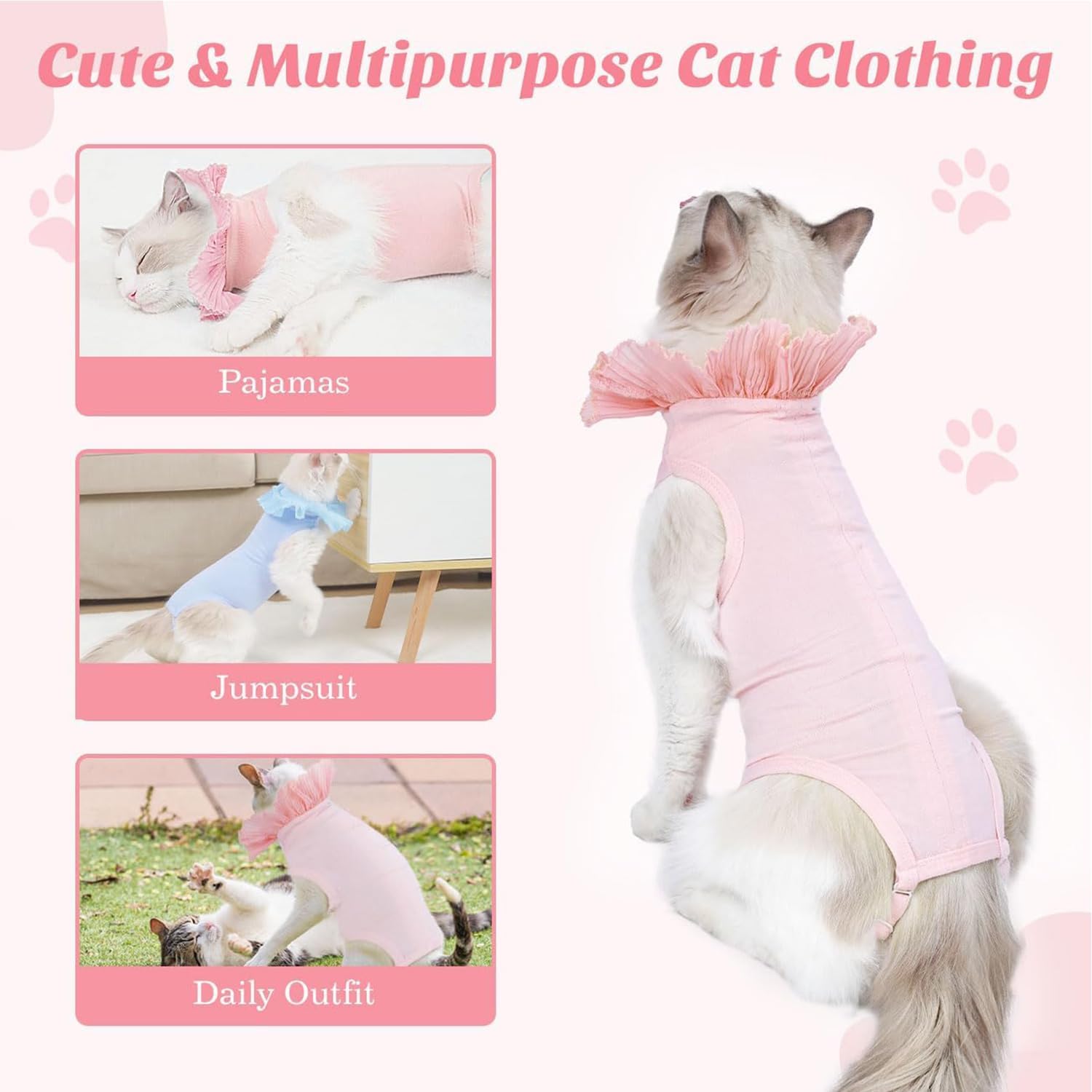 بدلة تعافي القطط من جويز، بدلة التعافي من جراحة القطط، قميص للتعافي الجراحي جيد التهوية بعد الجراحة، مضاد للعق للجروح، بديل ياقة E، ملابس للقطط فقط للنساء والقطط الصغيرة