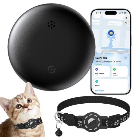 بطاقة تعقب تعمل مع ابل فايند ماي (اي او اس فقط)، جهاز تتبع القطط بدون رسوم شهرية مع اطواق القطط - تحديد الموقع ومضاد للضياع، جهاز تتبع ذكي يعمل بالبلوتوث