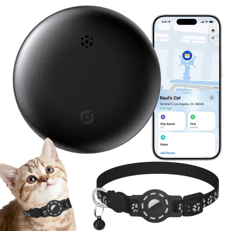 بطاقة تعقب تعمل مع ابل فايند ماي (اي او اس فقط)، جهاز تتبع القطط بدون رسوم شهرية مع اطواق القطط - تحديد الموقع ومضاد للضياع، جهاز تتبع ذكي يعمل بالبلوتوث
