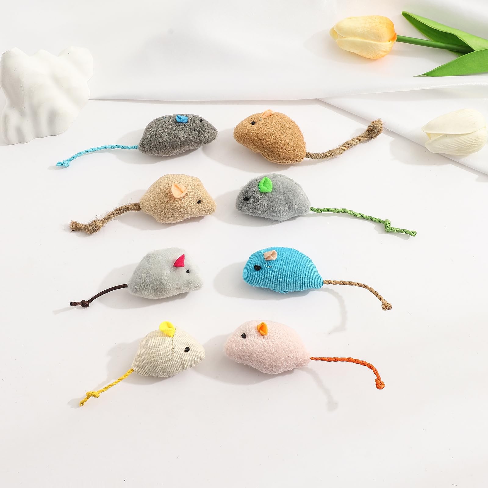 بوسيشي 8 قطع من العاب القطط على شكل فئران النعناع البري للقطط الداخلية، دمى فأر مخملية للمضغ وطحن الاسنان، مجموعة لعب القطط التفاعلية الناعمة للقطط الصغيرة والمتوسطة، العاب قطط محشوة متينة مقاومة للعض
