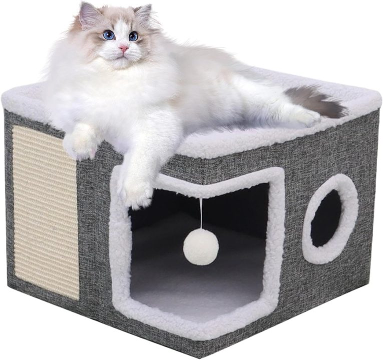 بيت قطط داخلي - سرير للقطط في الاماكن المغلقة نصف مغلق، سرير قطط مغطى بمنازل وشقق سكنية، بيت دافئ للقطط والحيوانات الاليفة والقطط الصغيرة