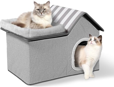 بيت قطط مع سرير، شقة داخلية كبيرة، سرير للحيوانات الاليفة 2 في 1 للقطط الداخلية، سرير قطط قابل للطي للقطط المتعددة، منزل قطط مغطى، رمادي