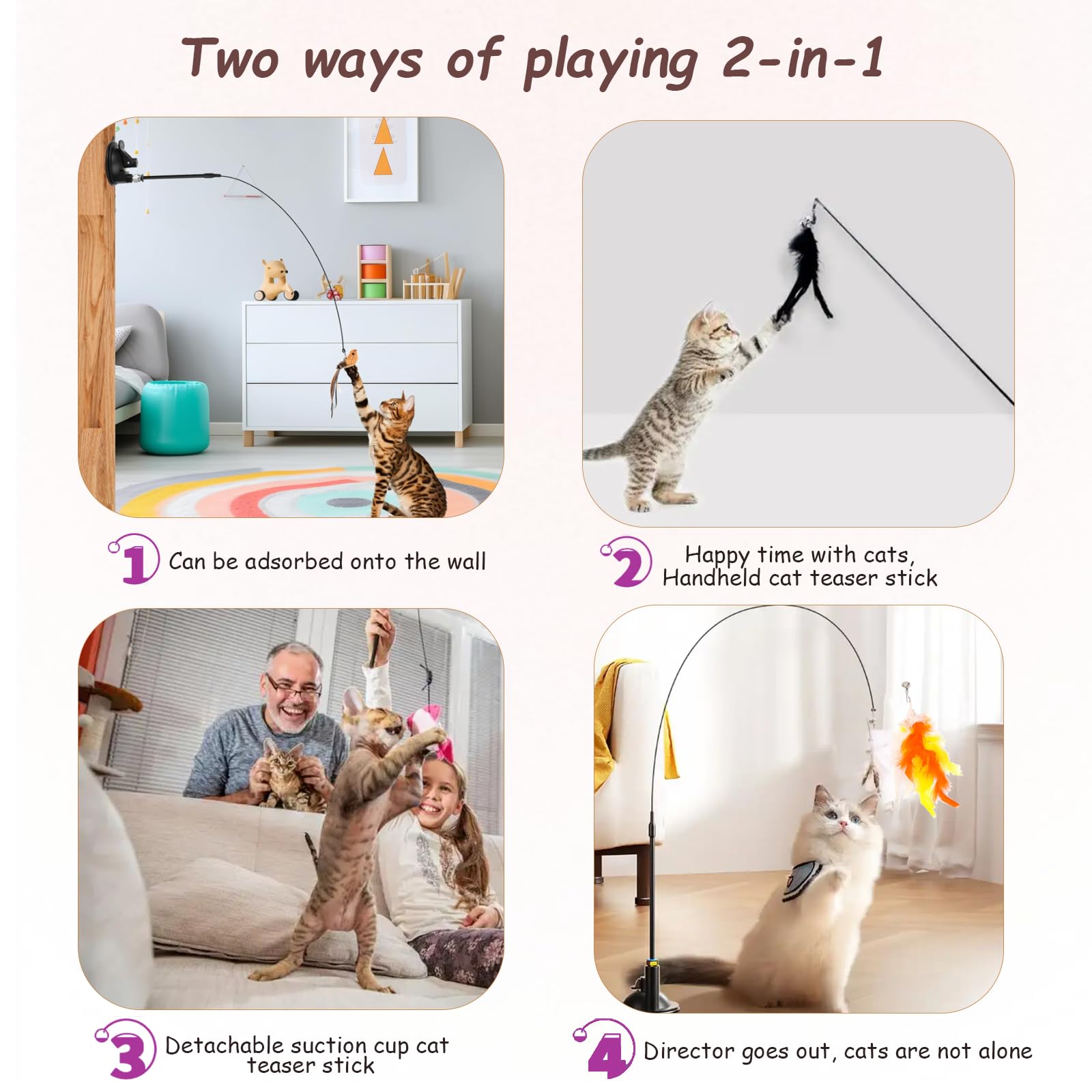 بيونتي 19 قطعة من العاب القطط، العاب ريشة مع اكواب شفط، العاب تمارين مطاردة للحيوانات الاليفة، لعبة عصا للقطط بالوان مختلفة للاستبدال، محمولة باليد وكوب شفط 2 في 1