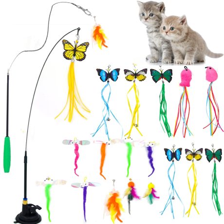 بيونتي 19 قطعة من العاب القطط، العاب ريشة مع اكواب شفط، العاب تمارين مطاردة للحيوانات الاليفة، لعبة عصا للقطط بالوان مختلفة للاستبدال، محمولة باليد وكوب شفط 2 في 1