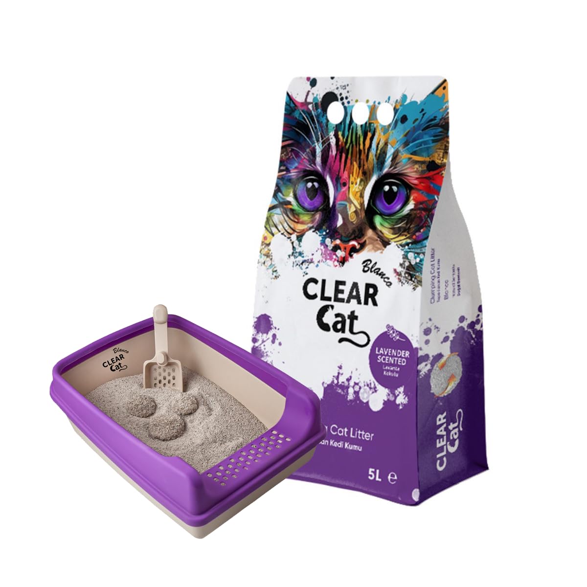 رمل فضلات متكتل للقطط برائحة اللافندر من كلير كات بلانكو، سعة 5 لتر