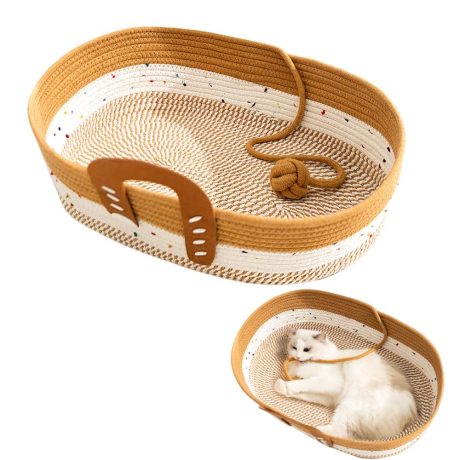 سرير للقطط مصنوع من حبل قطني منسوج يدويا - جيد التهوية وسهل التنظيف، سلة للحيوانات الاليفة قابلة للطي والخدوش، مع كرة لعب للقطط، بني (بني)