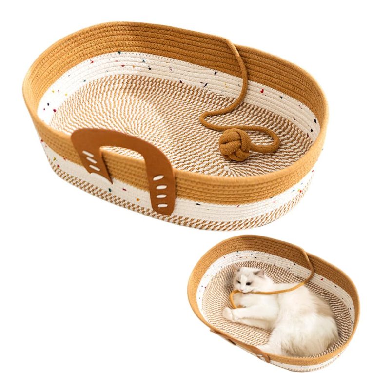 سرير للقطط مصنوع من حبل قطني منسوج يدويا - جيد التهوية وسهل التنظيف، سلة للحيوانات الاليفة قابلة للطي والخدوش، مع كرة لعب للقطط، بني (بني)